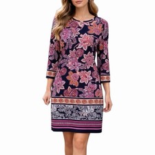 Eliza J Floral Printed Shift Dress 3/4 Sleeve Navy Pink Women Size 6