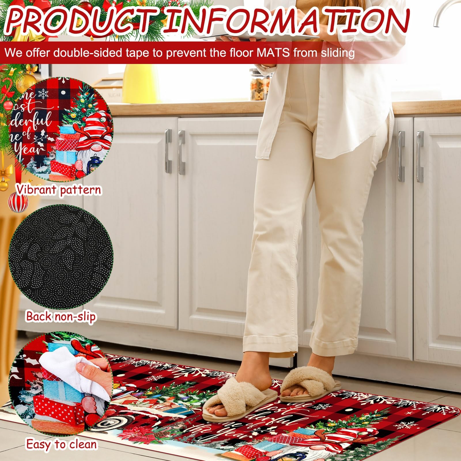 3 Pcs Christmas Gnome Kitchen Mat Washable Kitchen Rug Non Slip Doormat Water...