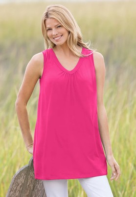 Woman Within Plus Size Perfect Sleeveless Shirred V-Neck Tunic