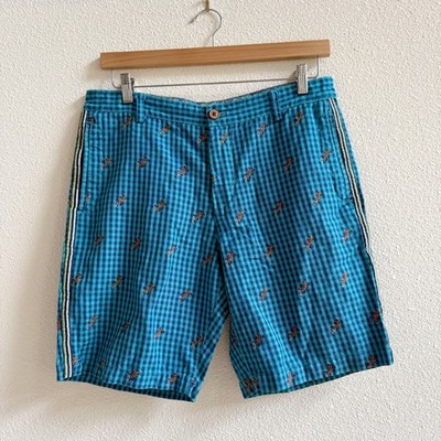 Robert Graham Shorts Mens 34 Teal Lizard Gingham Check Embroidered Side Stripe