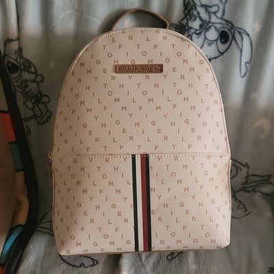 Tommy Hilfiger Logo Stripe Backpack Beige Gold Accents Zip Closure Women