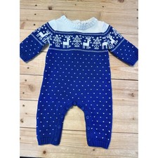 Janie And Jack Baby Boys Blue Reindeer Snowflakes outfit romper 0-3 Mos