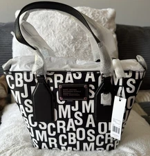 Marc Jacobs Medium Black Leather Tote Bag with White Letters