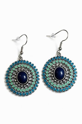 Boho Blue Turquoise Mosaic Dangle Earrings Silver Tone Drop Earrings Jewelry