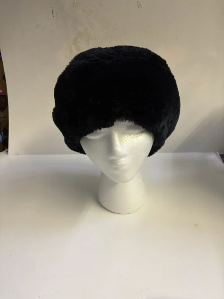 Sombrero negro calentador de orejas de piel sintética mullido ruso de invierno para mujer Foto 3 de 4