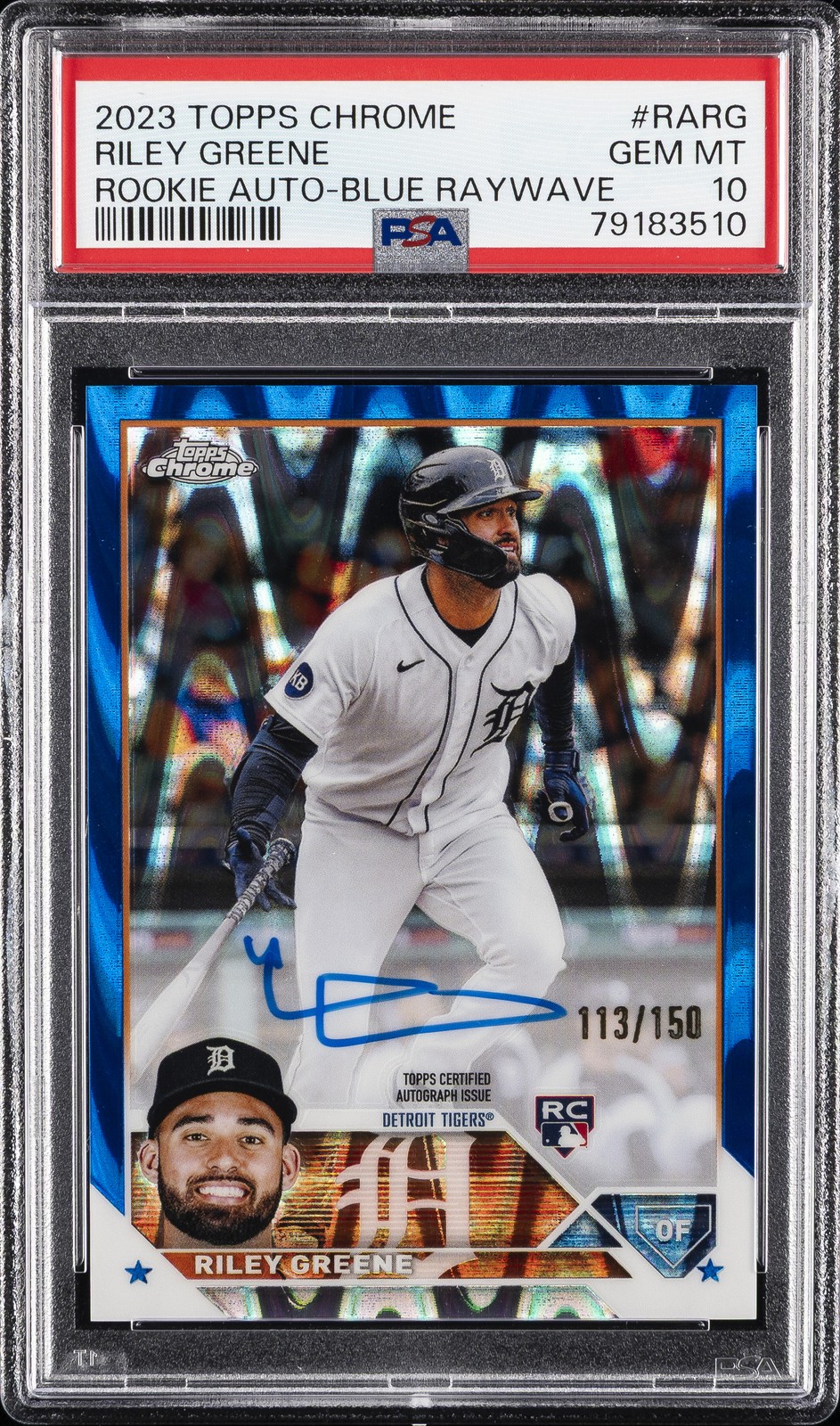 2023 TOPPS CHROME RC AUTO BLUE RAYWAVE REFRACTOR RILEY GREENE 113/150 PSA 10