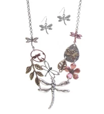 Tri-tone Vintage Style Dragonfly FLower Leaves Pendant Necklace and Earrings Set
