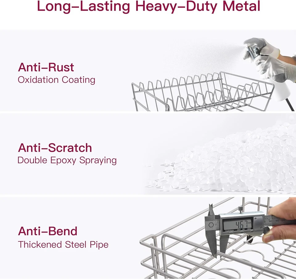  Estante de secado de escurridores de platos grandes de acero inoxidable rojo de 2 niveles para mostrador de cocina  Foto 4 de 4