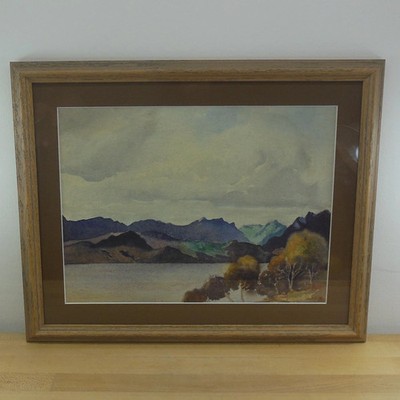 W.L. Signed 1953 Watercolor Painting Purple Mountains Lakes