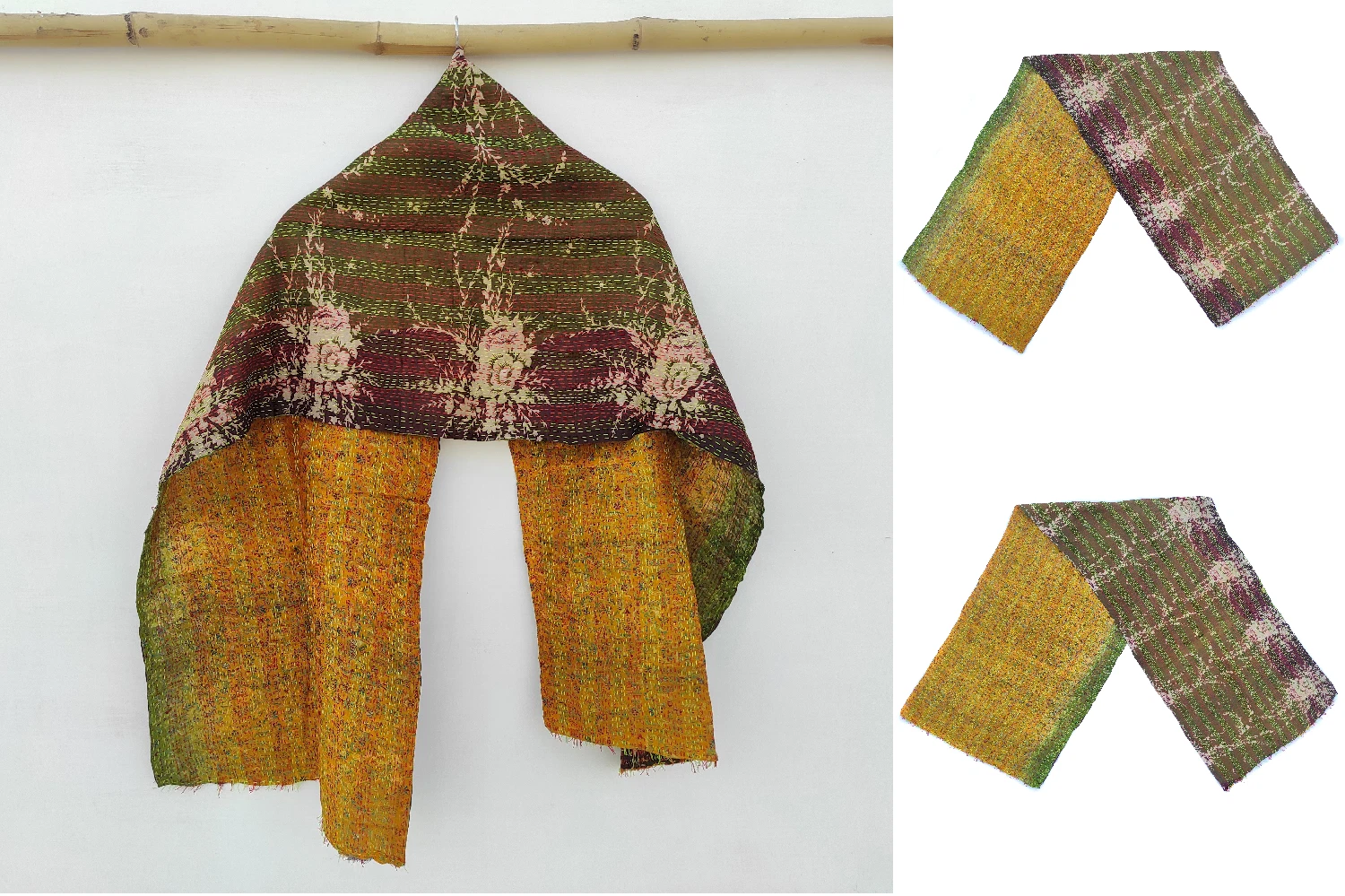 Silk Kantha Scarf Vintage Neck Wrap Stole Dupatta Hand Quilted Women Gypsy