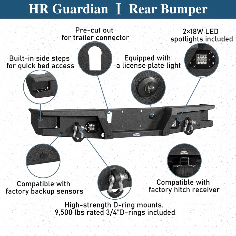 Parachoques delantero/trasero Hooke Road de acero con luz LED y anillo en D apto para Jeep Gladiator 20-25 Foto 4 de 4