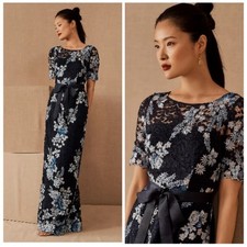 Adrianna Papell Navy Floral Lace Column Maxi Gown Short Sleeve NWT 2