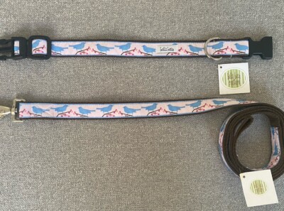 Bella Bean Dog Collar & Leash Set Discontinued Pink Cherry Blossom Bird NWT 