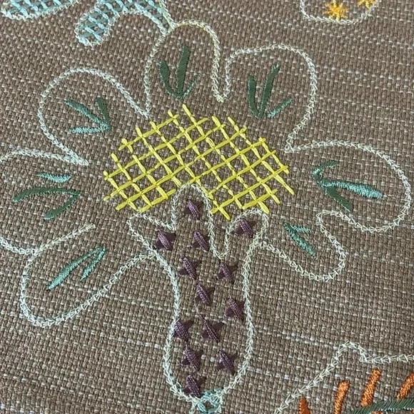 CRATE & BARREL Taupe Lillian Runner 14x60 Embroidered Cross Stitch Nature Autumn - Image 4 of 4