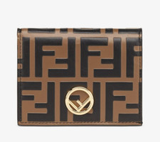 NEW FENDI Small Brown Leather Bifold Wallet Embossed FF Motif Logo Monogram