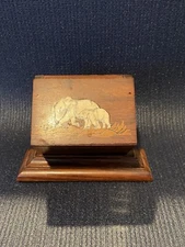 Vintage Wood Cigarette Dispenser Inlaid Elephant Design
