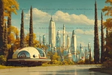 RETRO FUTURISTIC SPACE CITY ART PRINT, Vintage Sci-Fi Decor, Flying Sauce Poster