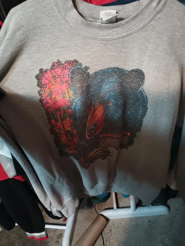 Sudadera Vintage Años 90 Estampado Animal Oso Negro Cuello Redondo Gris Vida Salvaje Grande Foto 2 de 4