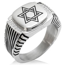Stainless Steel Steel Hexagram Star of David Symbol CZ Biker Style Signet Ring