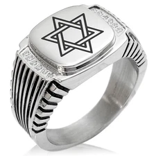 Stainless Steel Steel Hexagram Star of David Symbol CZ Biker Style Signet Ring