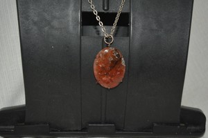 pink agate oval cabochon pendant white metal medium size chain 24" push lock cl.