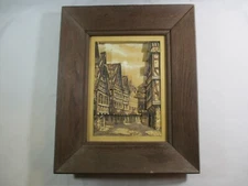 Wood Burning Art Pyrography 3D European Village Cobblestone Framed Art Work