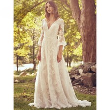 A Line Boho Wedding Dress Lace V Neck Lace Open Back Bridal Gown Marriage Print