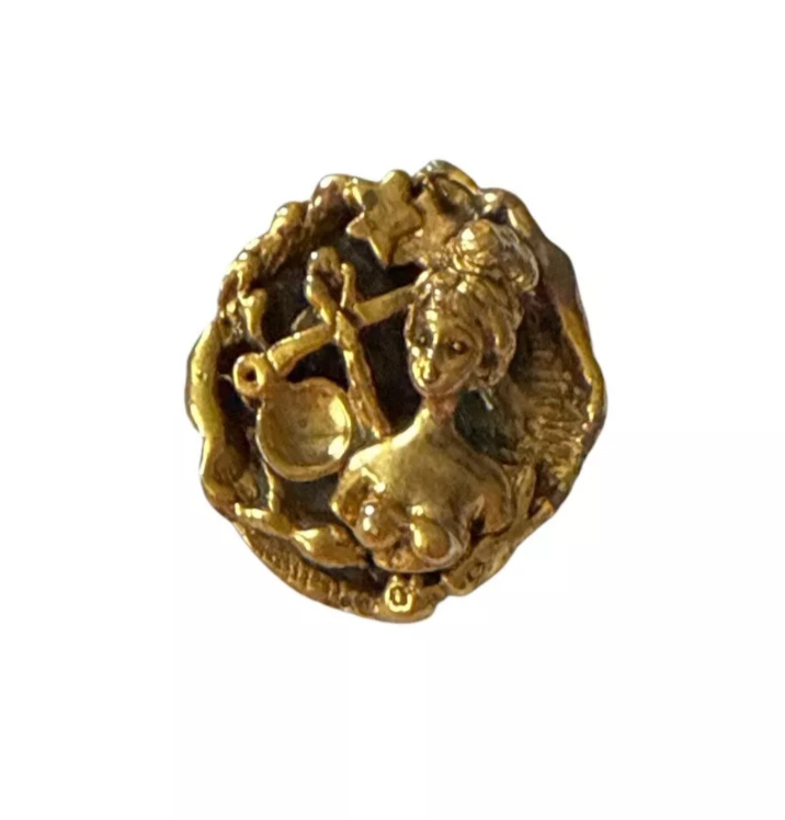 Vintage Tortolani Figural Brooch Gold Tone Pin Lady Scales of Justice Fish