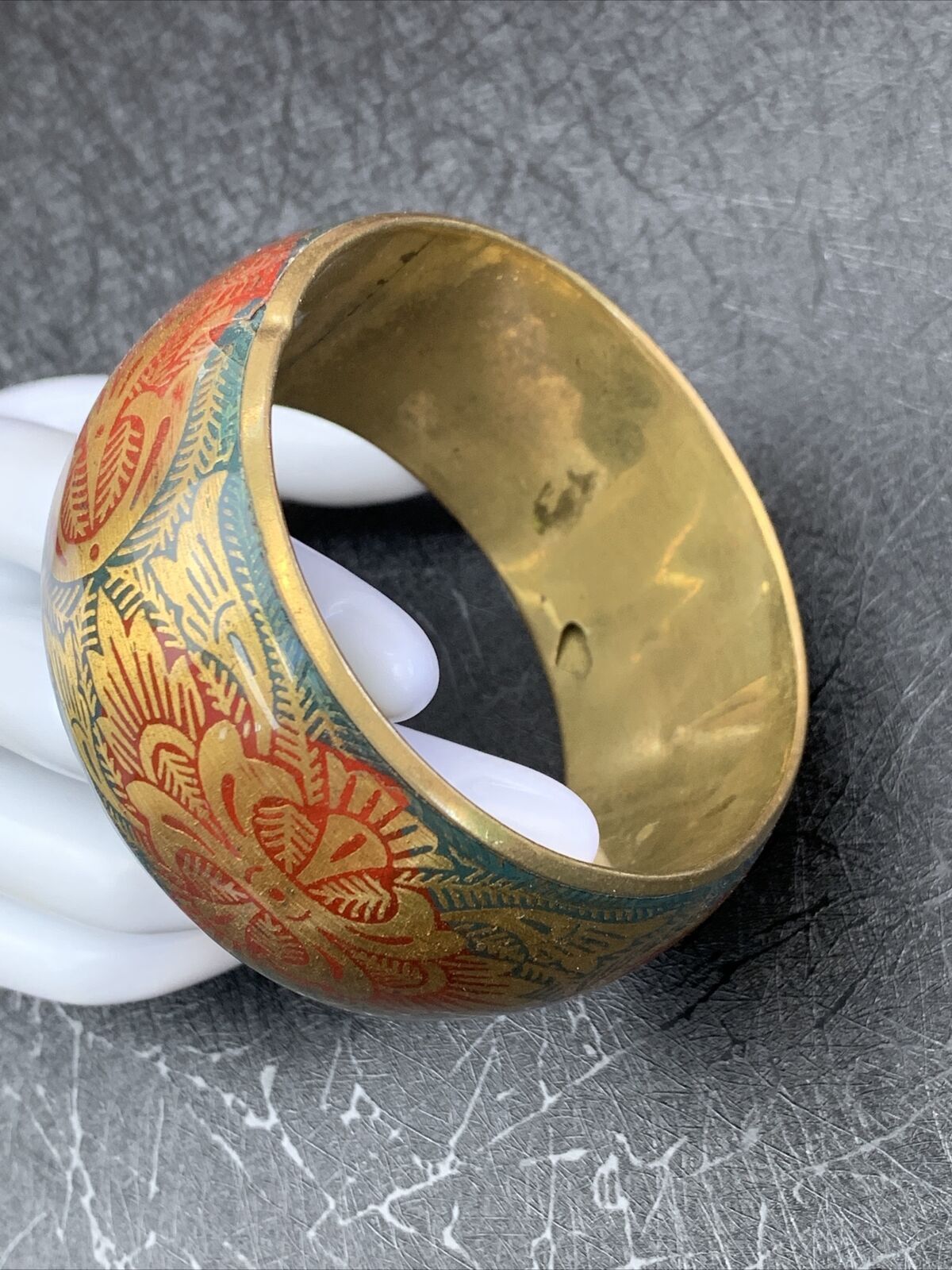 Vintage solid brass red green Pattern wide bangle… - image 2
