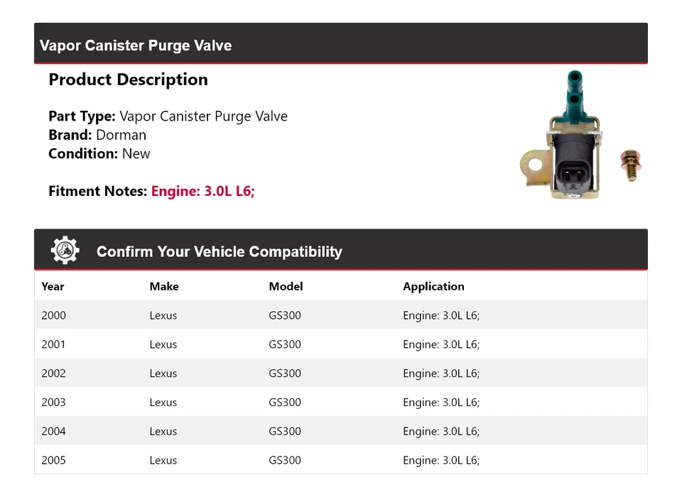 Válvula de purga de bote de vapor Dorman de 3,0 L para Lexus GS300 2000-2005 2001 2002 Foto 2 de 4