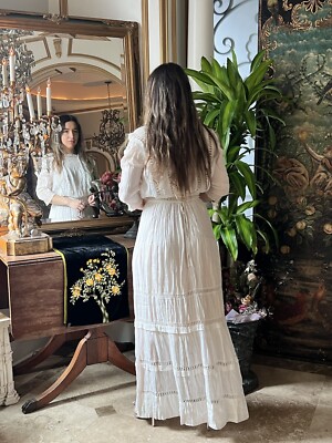 Antique EDWARDIAN EMBROIDERED DRESS Crochet & Pin-tuck Detail Back