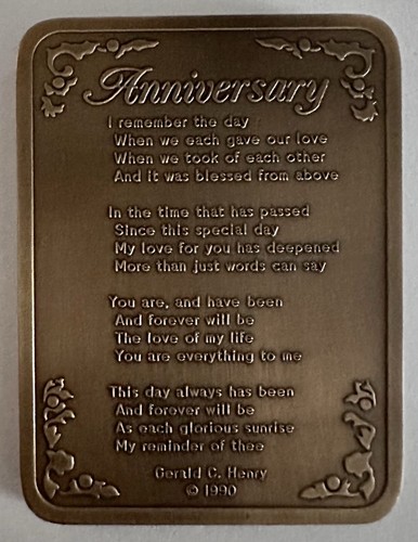 1990 Madison “Anniversary” For Lovers Gerald C Henry Bronze 14 oz Plaque - Picture 2 of 5
