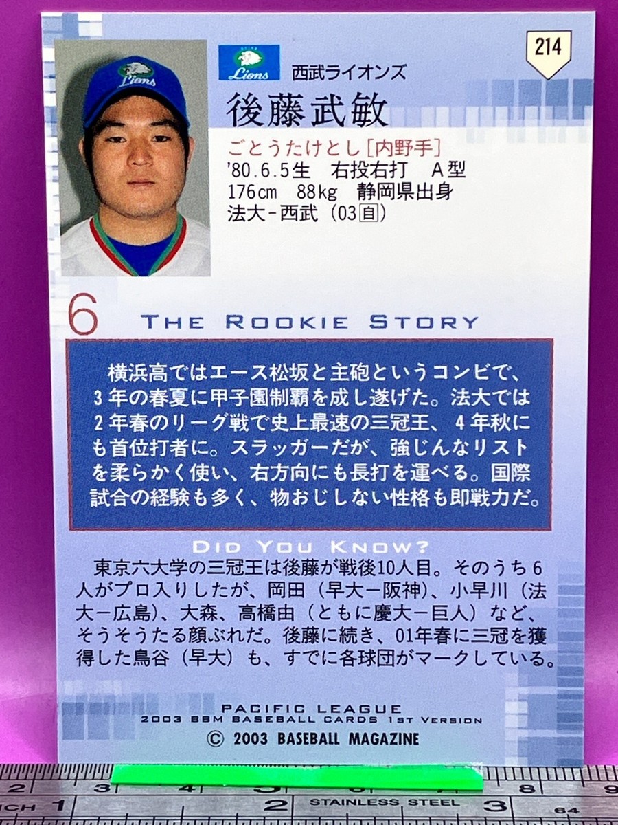Taketoshi Gotoh 214 Seibu Lions BaseBall Trading Card BBM