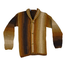 Handmade Boy Size 8-10 Sweater Cardigan Browns Vertical Stripes by Marsha