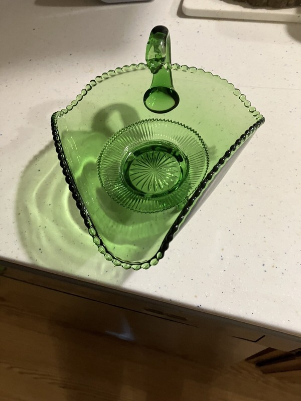 Antique EAPG US Glass Green and Gold Colorado Jewel Handled Triangle Bonbon Dish