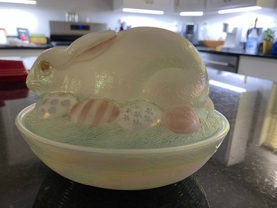 Fenton Bunny Easter Rabbit on Nest Hand Painted Iridescent Eggs Basket Signed