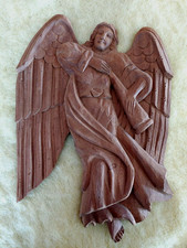 Hand Carved Wood Musical Angel Primitive Wall Decor Hanging 14"