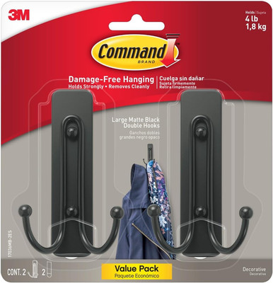 Command Large Matte Black Double Hooks, 2 Hooks and 2 Strips, Damage Free Hangin