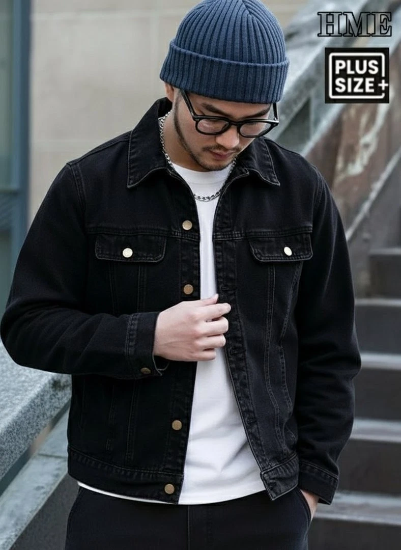 Men's Oversized Black Denim Jacket Vintage Washed Streetwear Trucker Jacket - product detail image 3