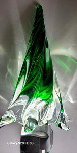 HEAVY Glass Christmas Tree Murano Style Green Swirl Art Glass 11” Tall