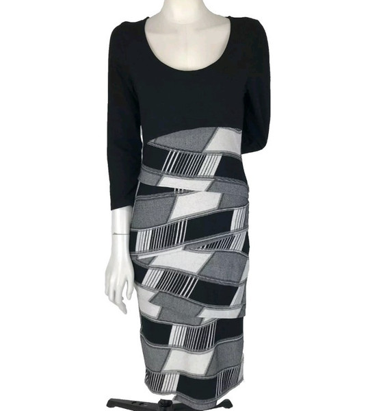 Flower Dress Black Size 8 White Stripe Panels Bodycon 3/4 Sleeve Midi Stretch