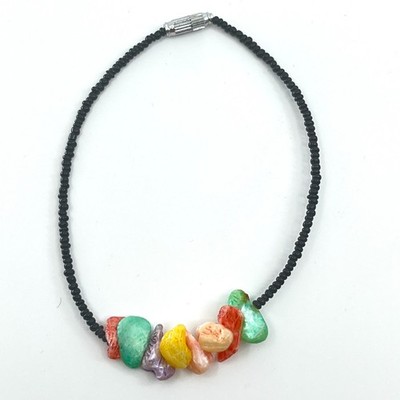 Vintage Retro Multi-Color Stone Bead Bracelet Black Seed Bead Boho 9'' Classic