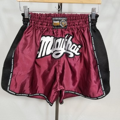 Tiger Pro Mauy Thai Fight Shorts Mens XL Burgundy Satin with Embroidered Patch 