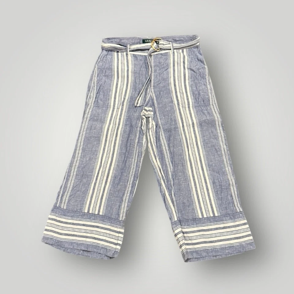 Pantalones para mujer Lauren Ralph Lauren de lino a rayas recortados de pierna ancha talla 8 cinturón Foto 2 de 4