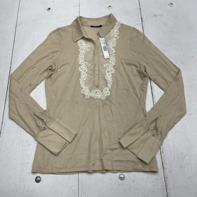 Elie Tahari Sweater Womens L Beige Collared Cadence Lace Cashmere Silk Pullover