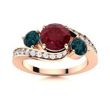 5MM Round Ruby  London Blue Topaz 925 Silver Rose Plated Three Stone Women Ring