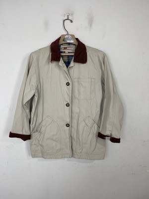 Faded Glory Womens Tan Button Front Field Jacket Red Collar Plaid Lining