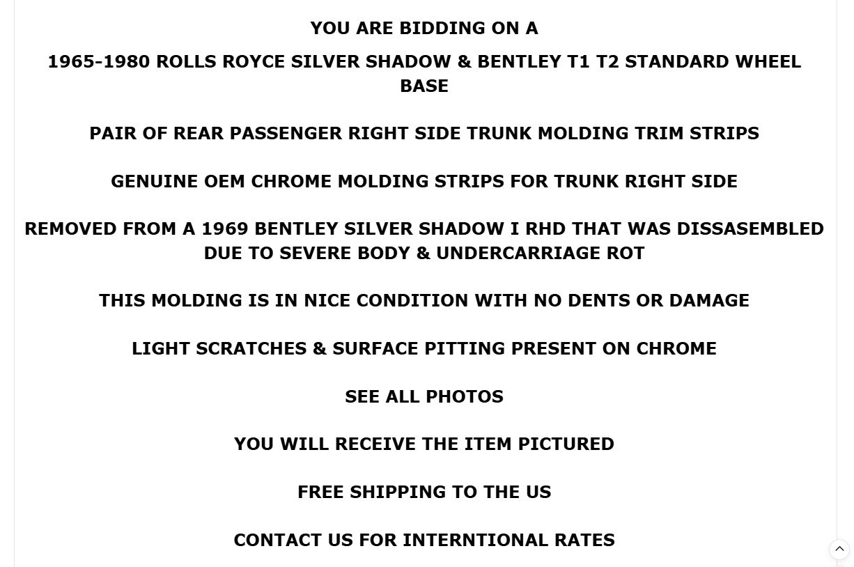 1965-1980 Rolls Royce Silver Shadow SWB Trunk Right Chrome Trim Strips Pair OEM