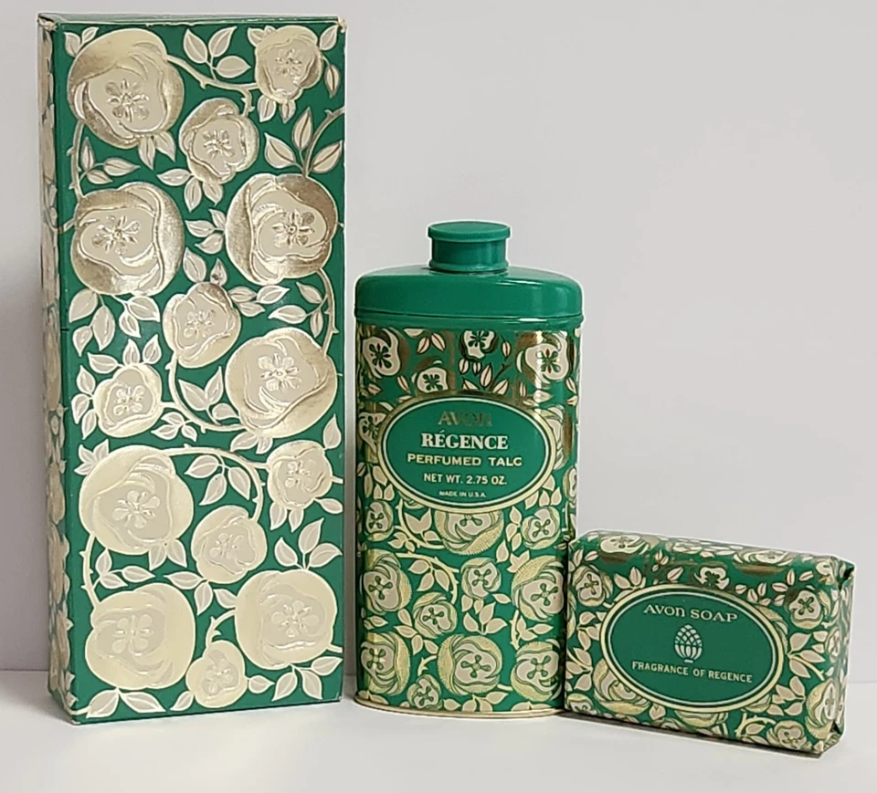 Par Perfumado AVON Jabón de Barra y Talco Regence De Colección; Patrón Verde Azulado/Dorado/Plateado, Caja Nuevo de Lote Antiguo Foto 3 de 4