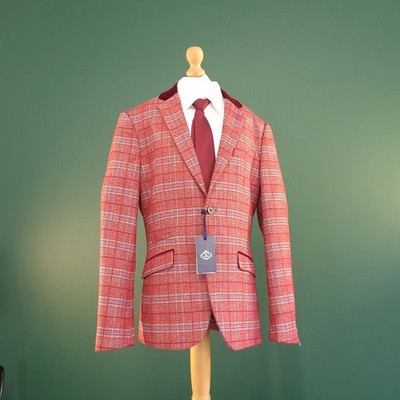 Cavani Blazer Herren 38R Rot Kariert Tailored Fit Einreiher Anzugjacke